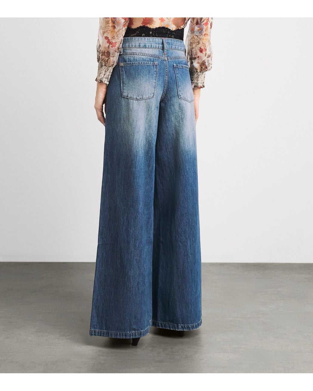 Alice + Olivia Blue Lace-Trim Ian Mid-Rise Wide-Leg Jeans