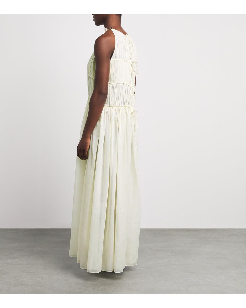 Moré Noir White Cotton-Silk Ruched Morgan Midi Dress
