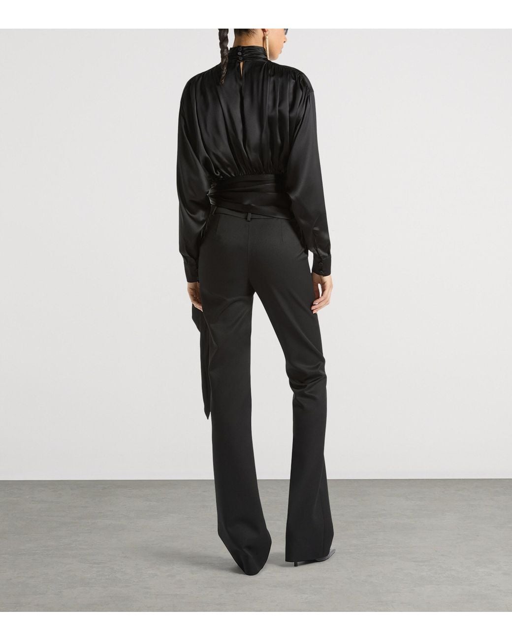 Balmain Black Silk Satin Tie-Neck Blouse