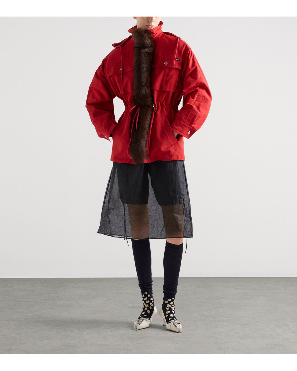 Prada Red Technical Shearling-Trimmed Parka