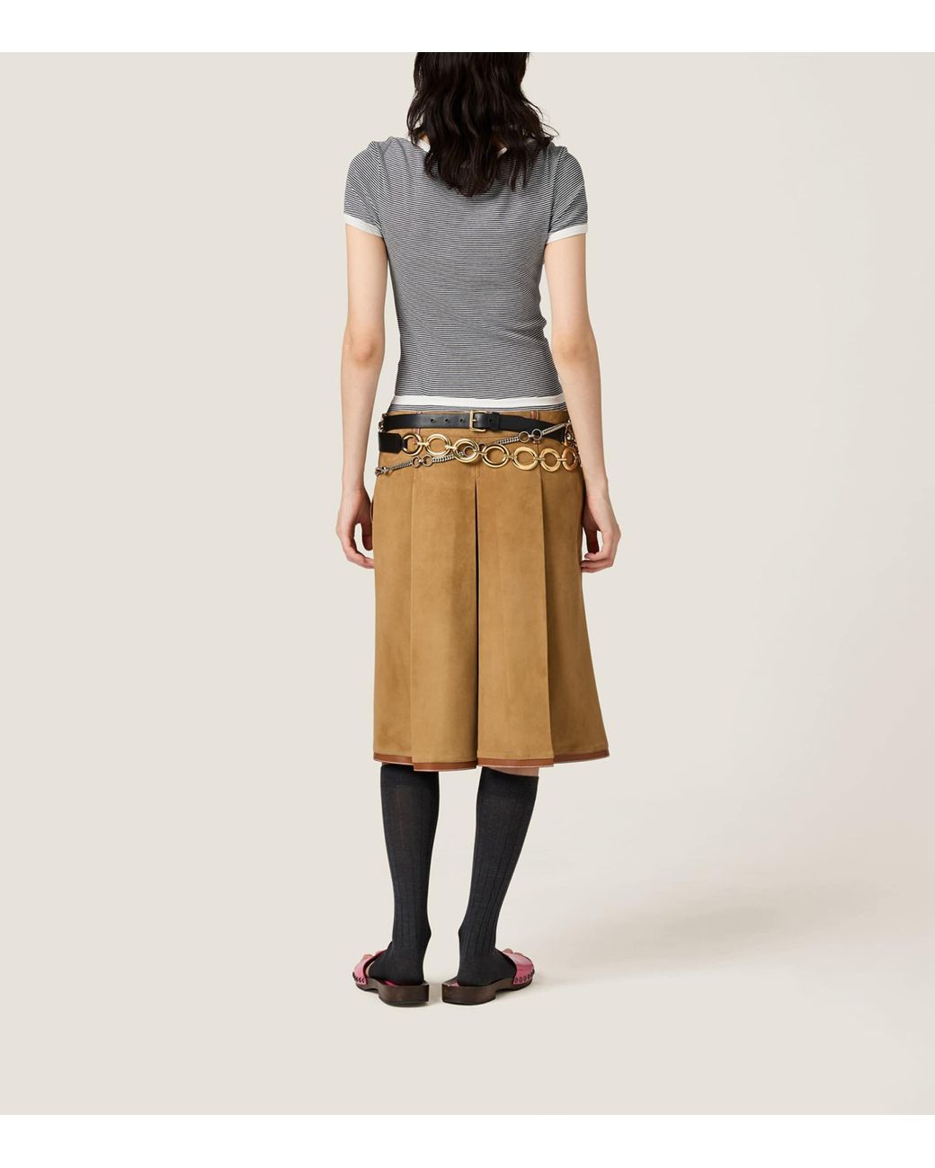 Miu Miu Natural Suede Pleated Midi Skirt