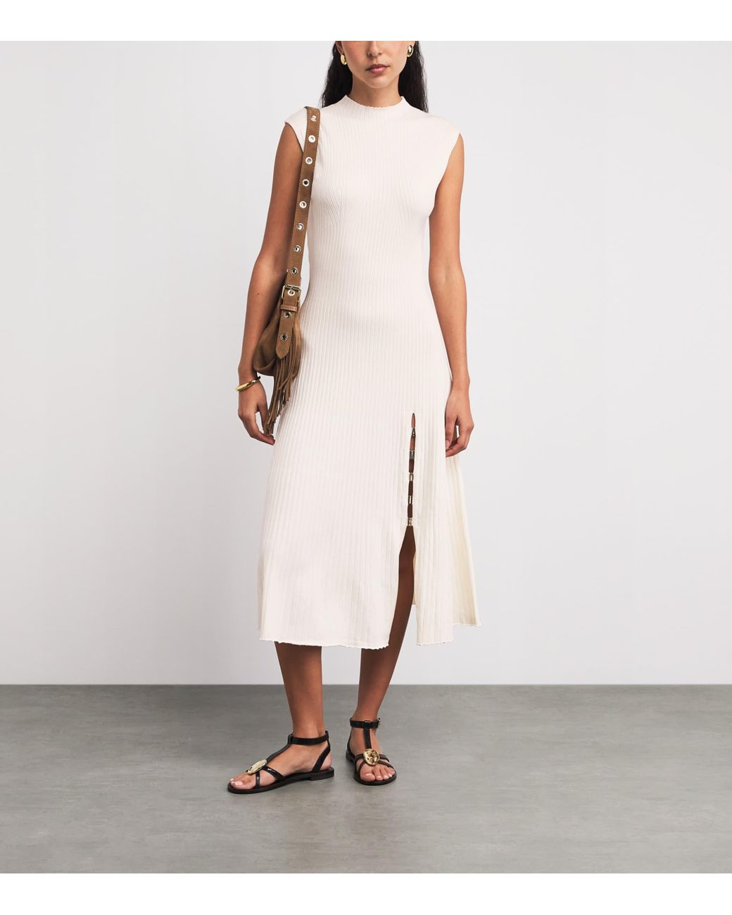 Maje White Rib-Knit Midi Dress