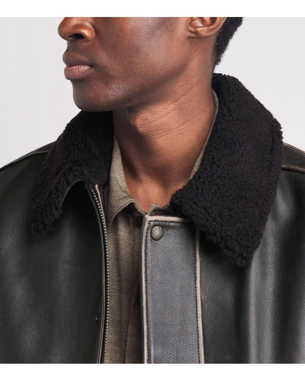 Rag & Bone Black Leather Shearling-Collar Bomber Jacket for men