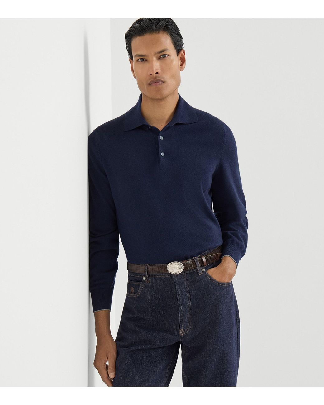 Brunello Cucinelli Blue Cashmere Polo Sweater for men