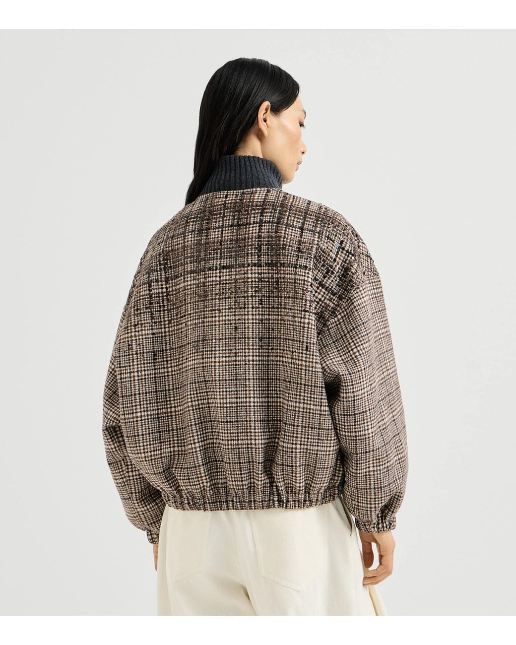 Brunello Cucinelli Brown Alpaca-Wool-Blend Check Bomber Jacket