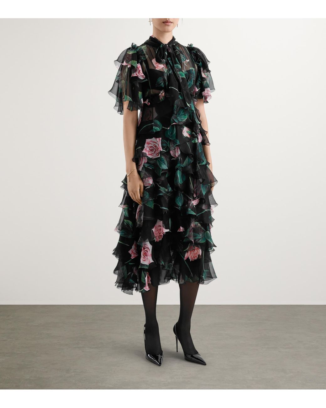 Dolce & Gabbana Black Rose- Chiffon Calf-Length Dress With Ruffles And Flounces