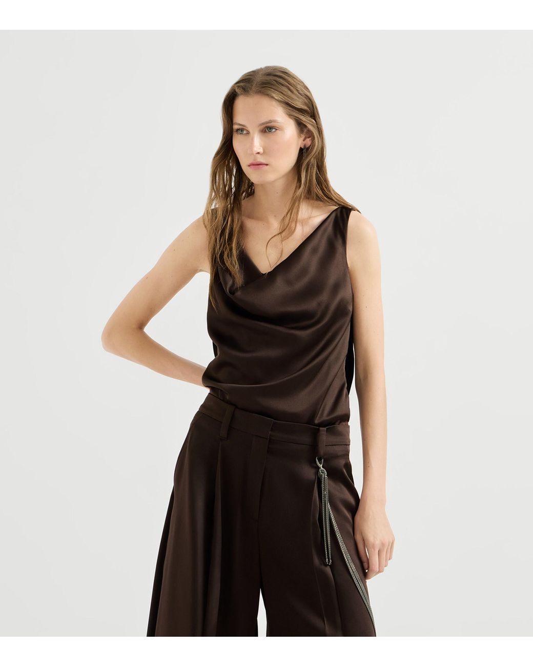 Brunello Cucinelli Brown Silk Satin Cowl-Neck Tank Top