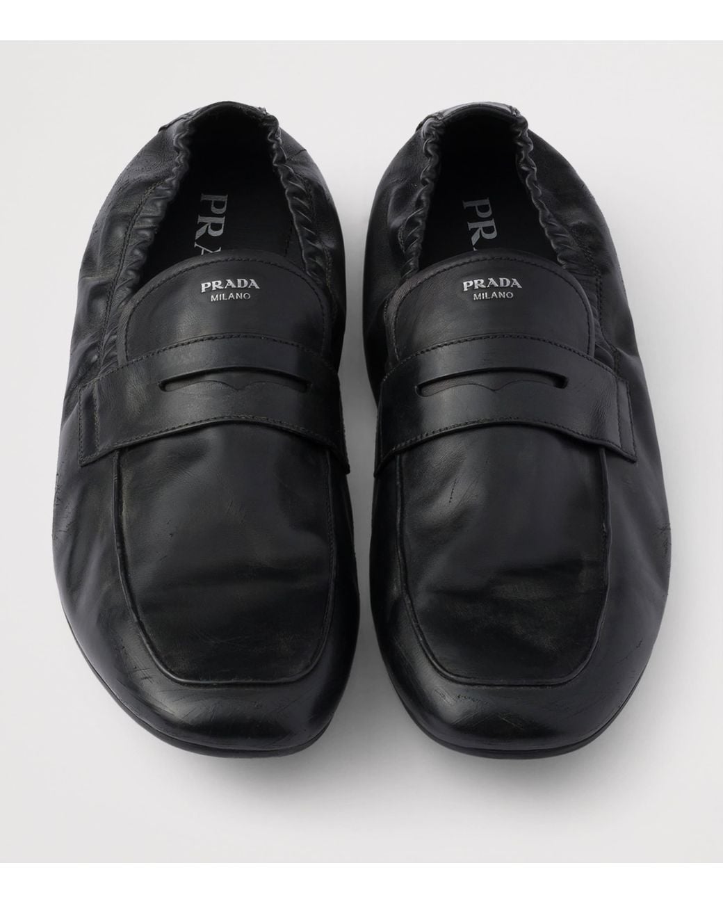 Prada Black Antiqued Leather Shuffle Loafers for men