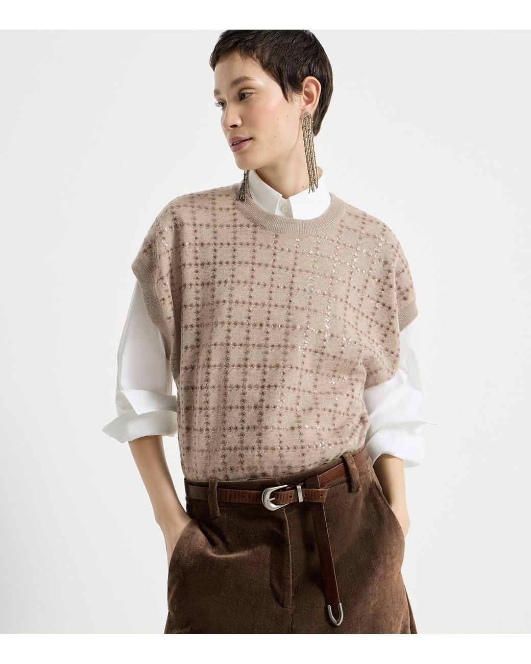 Brunello Cucinelli Natural Cashmere Sequin Check Knit T-Shirt