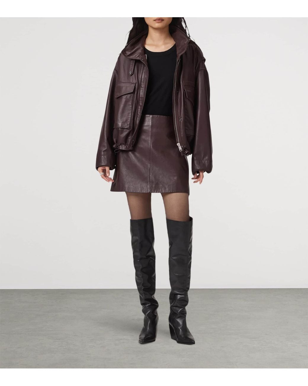 AllSaints Brown Nappa Leather Renai Mini Skirt