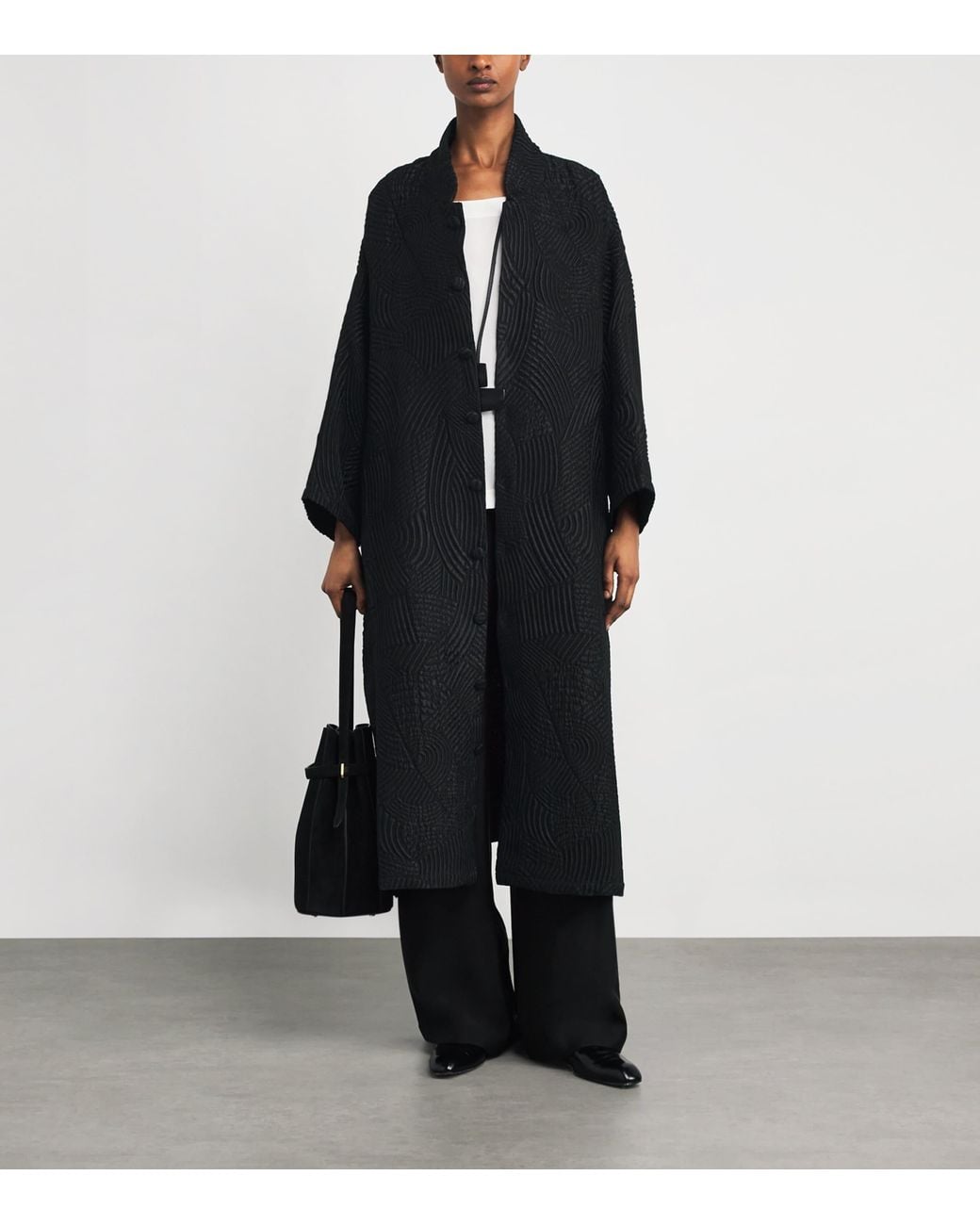 Eskandar Black Silk-Wool-Blend Stand-Collar Coat