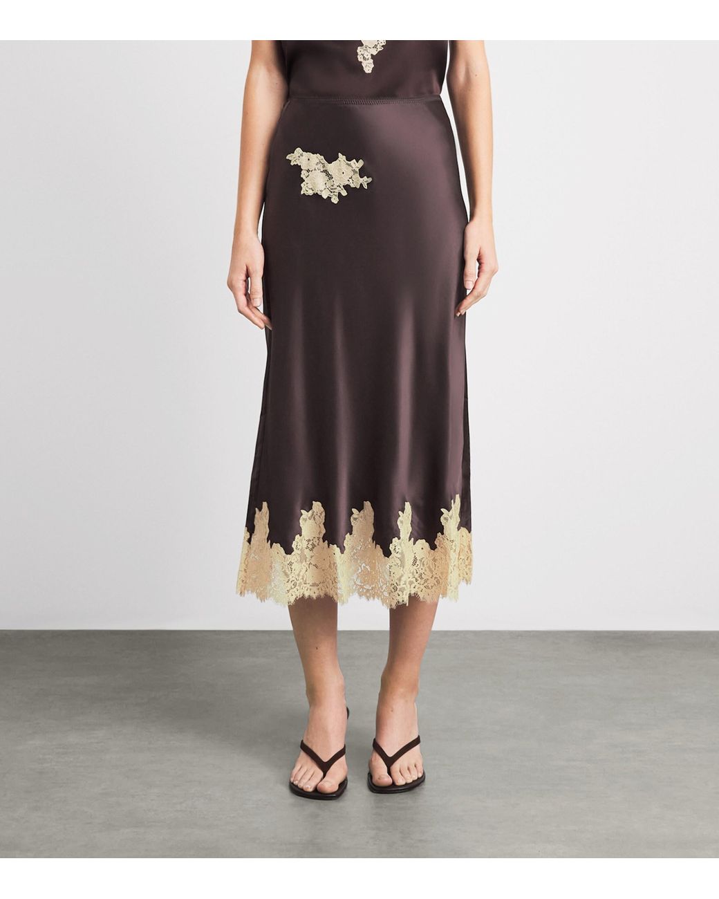 Doen Brown Silk Lace-Trim Elowen Midi Skirt