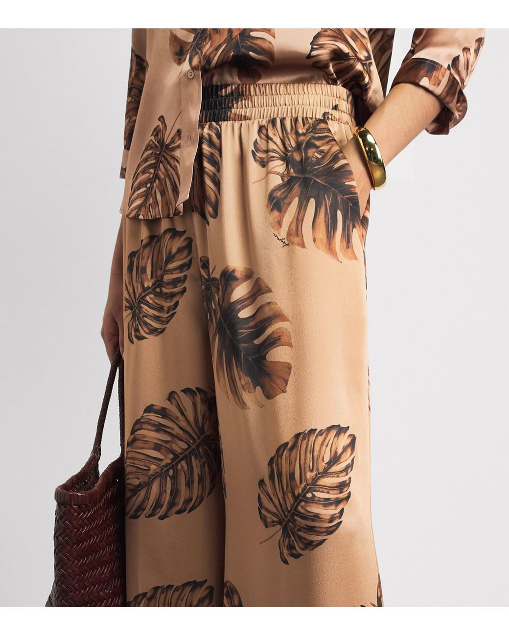 L'Agence Natural Satin Palm Leaf Wide-Leg Trousers