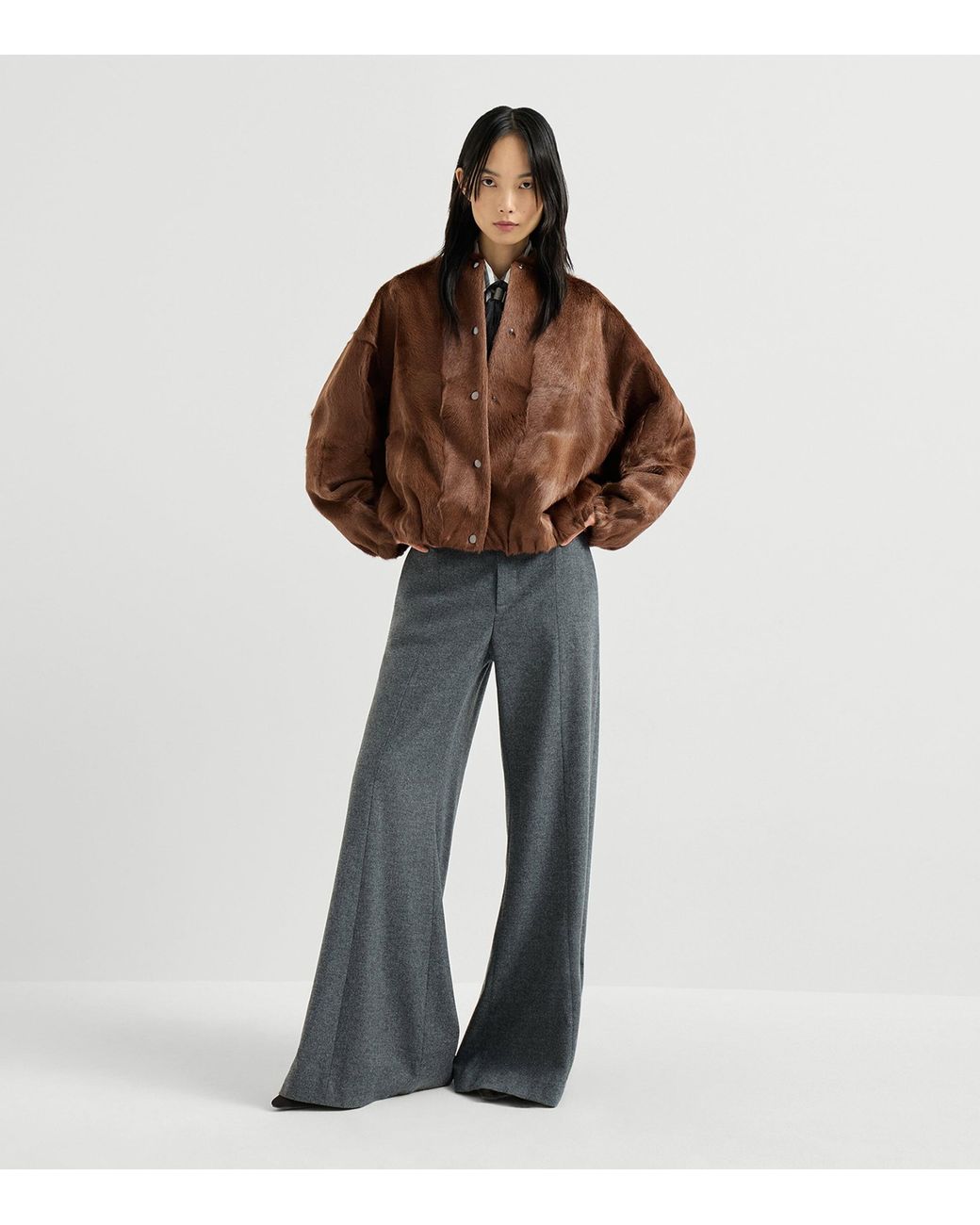 Brunello Cucinelli Brown Cashmere Shearling Bomber Jacket