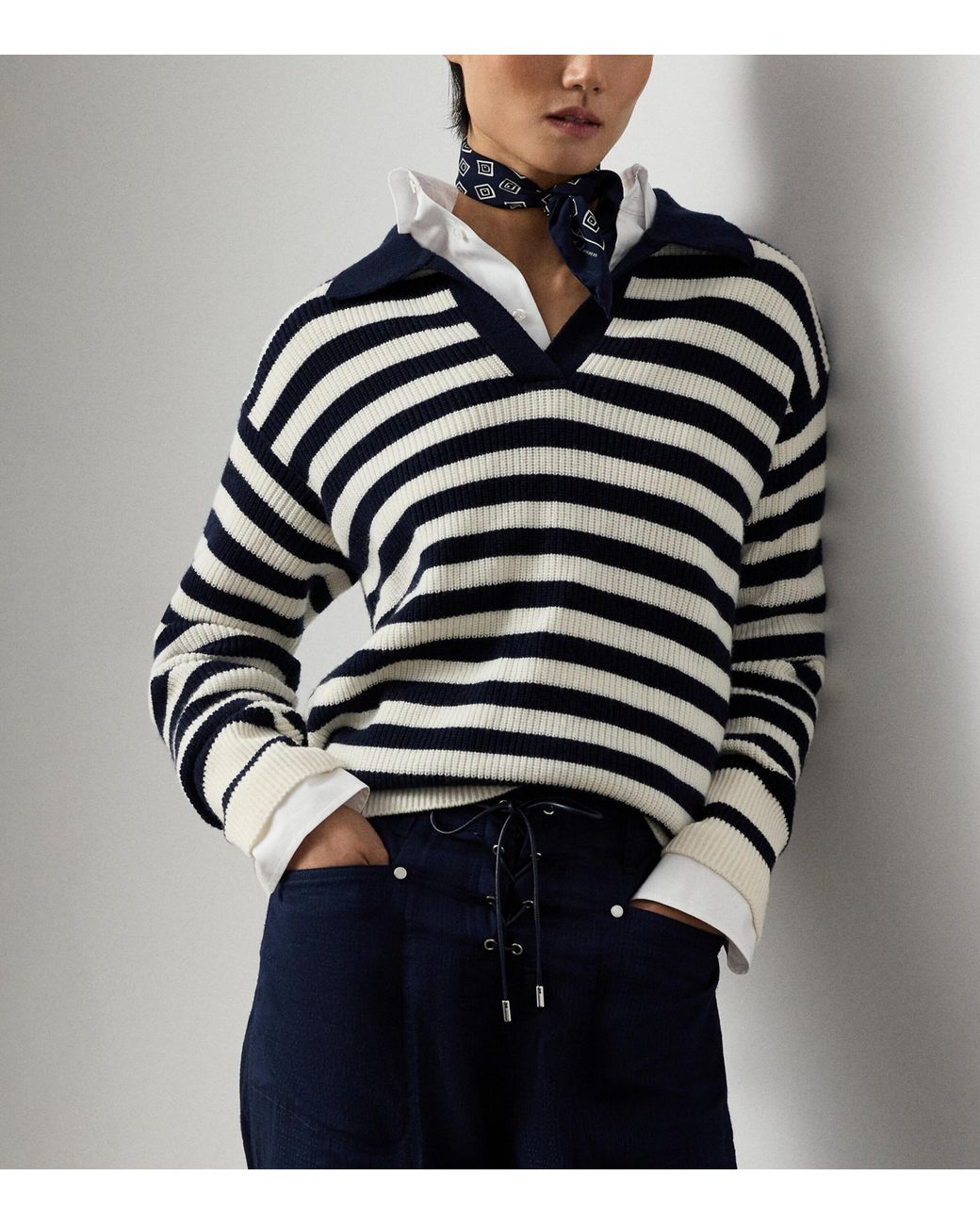 Ralph Lauren Blue Cashmere Stripe Polo Sweater