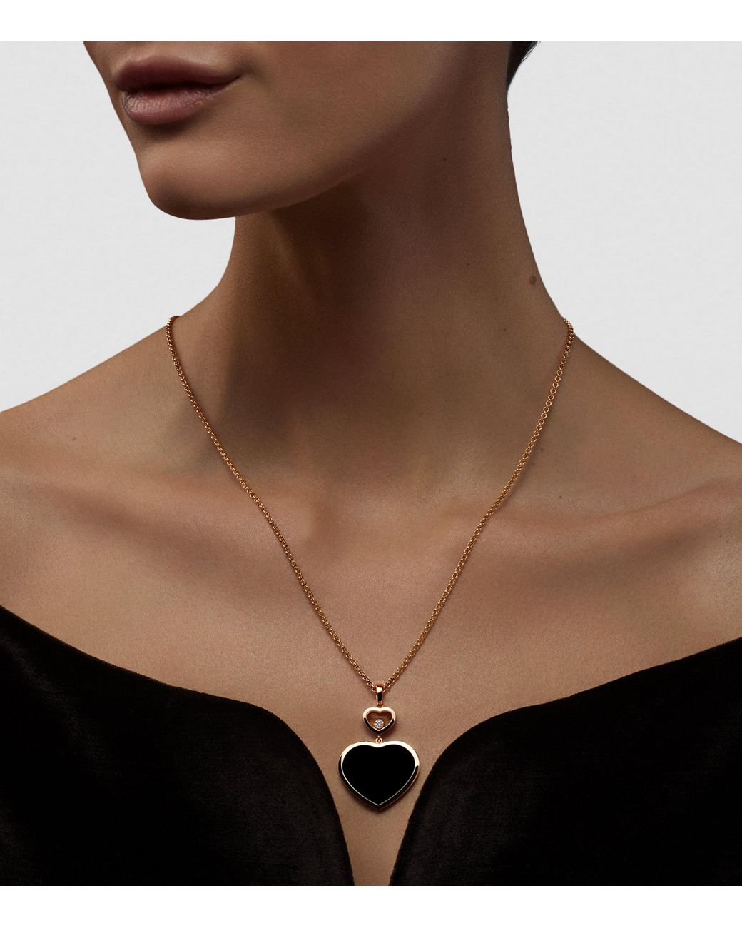 Chopard Metallic Diamond And Onyx Happy Hearts Pendant Necklace
