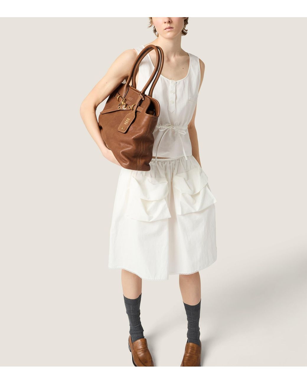 Miu Miu White Cotton-Linen Slubbed Midi Skirt