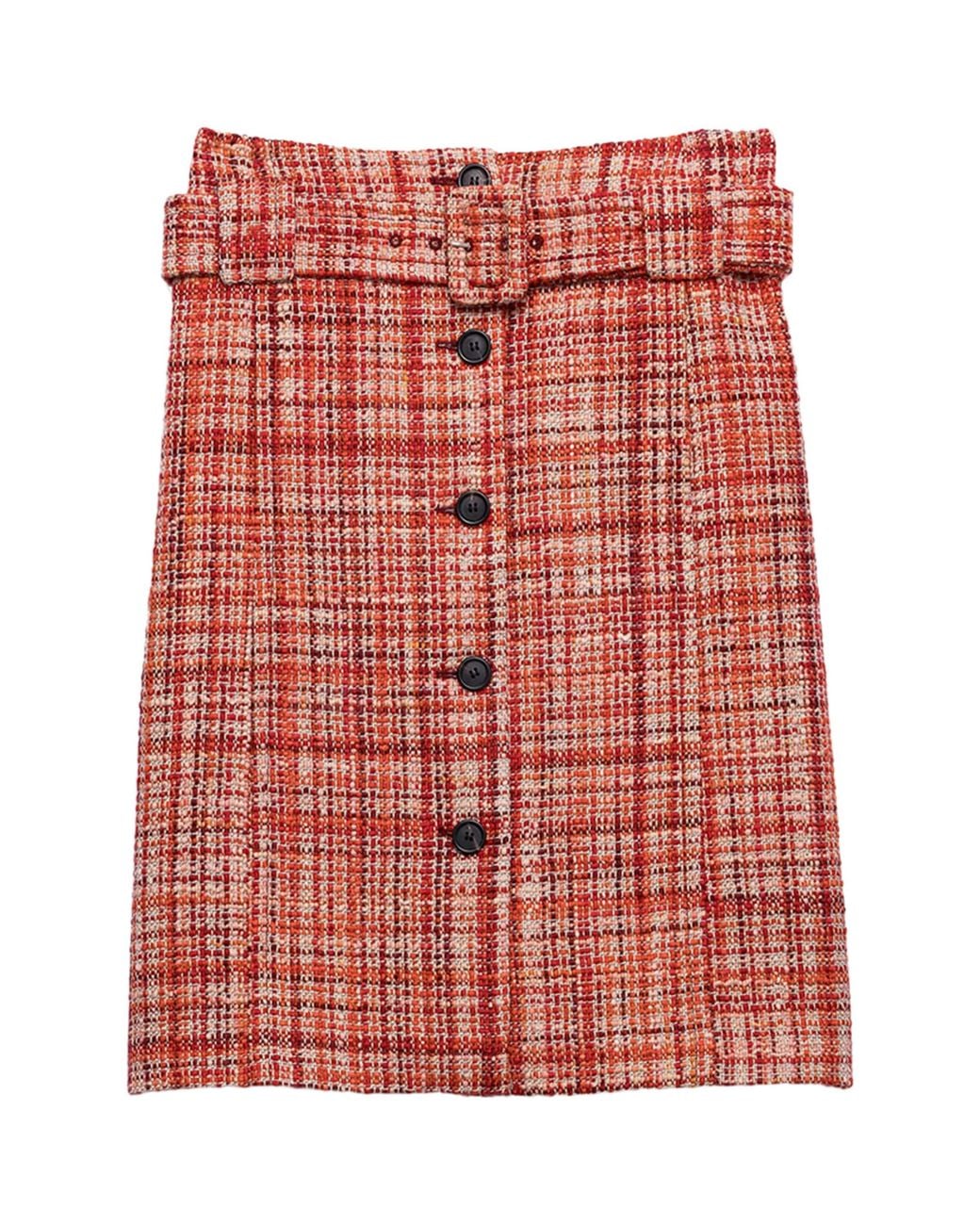 Prada Red Tweed Belted Midi Skirt