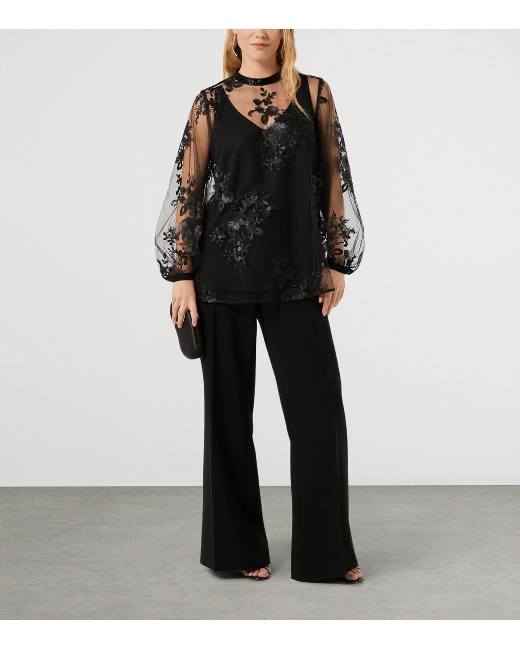 Marina Rinaldi Black Embellished Sheer Layered Blouse