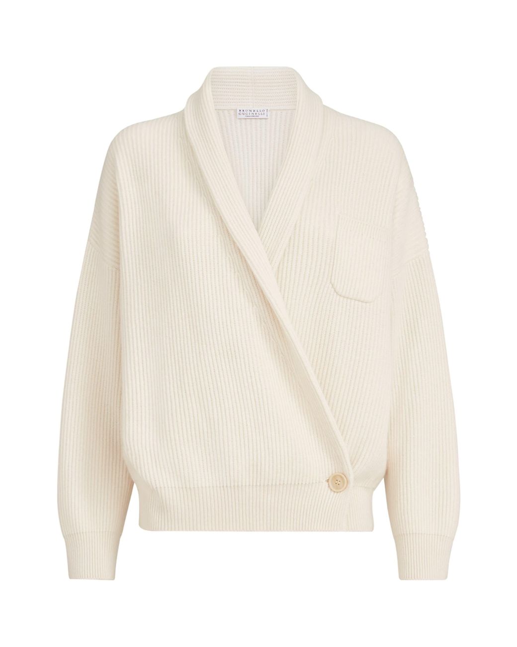 Brunello Cucinelli White Cashmere English Rib Asymmetric Cardigan