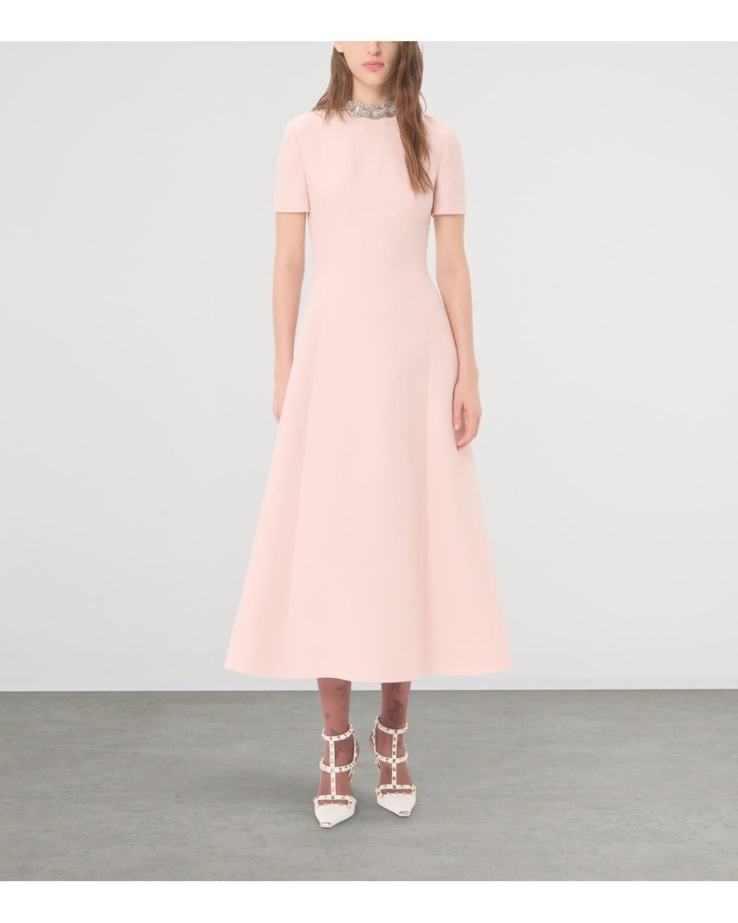 Valentino Pink Wool-Silk Crepe Embellished Midi Dress