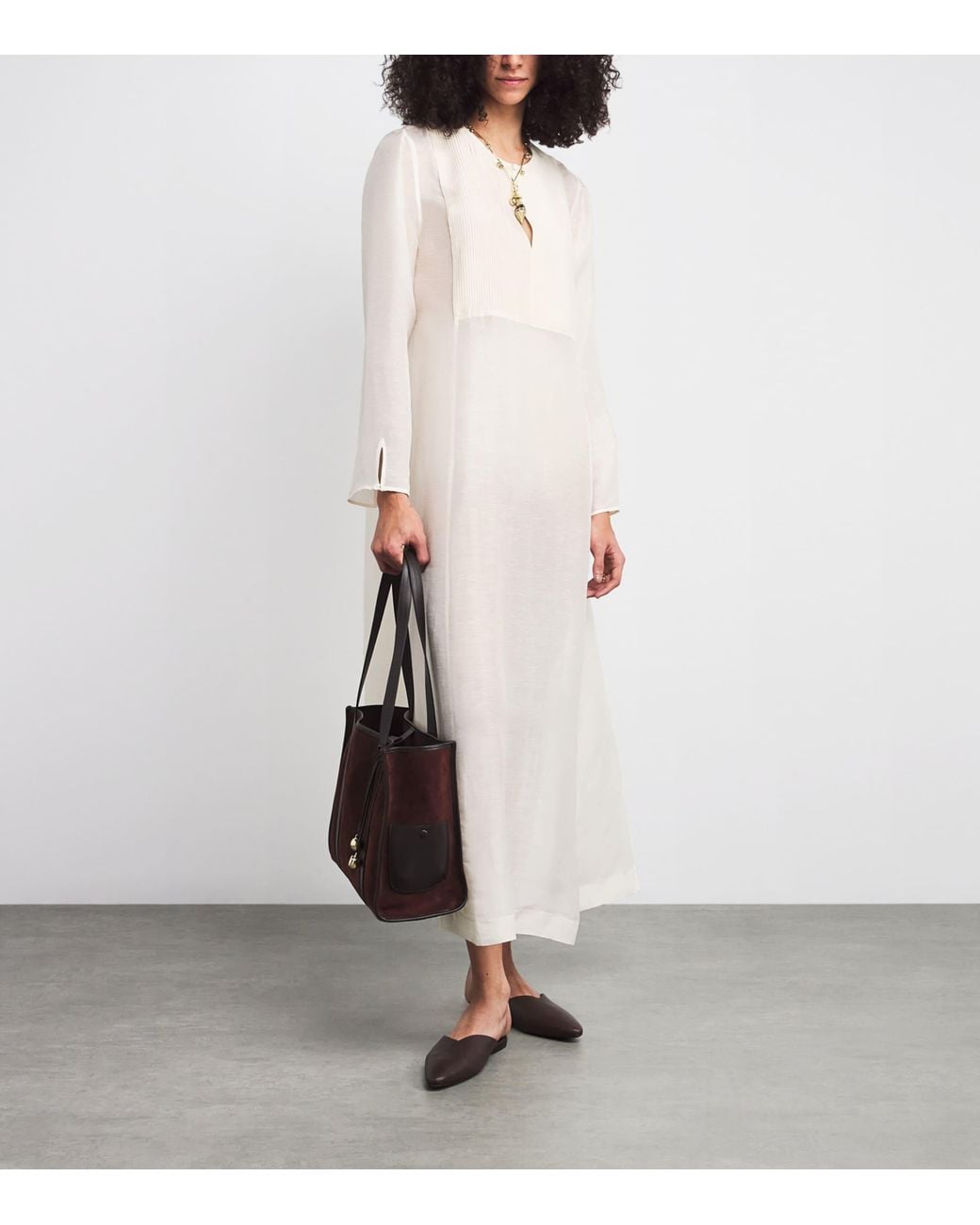 Tory Burch White Linen-Silk Pleated Midi Kaftan