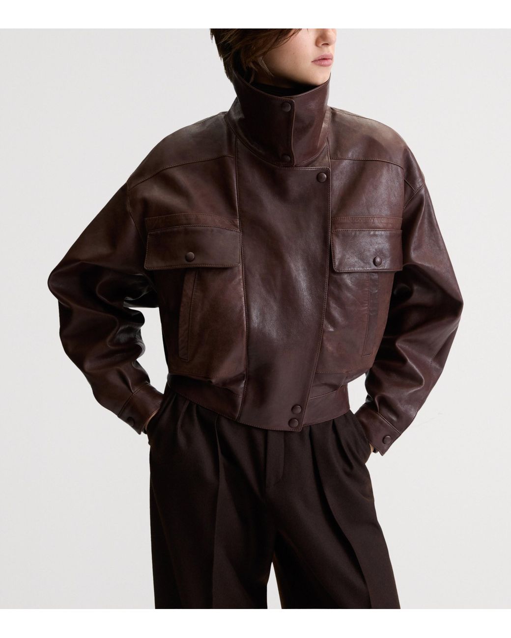 Saint Laurent Brown Leather Funnel-Neck Bomber Jacket