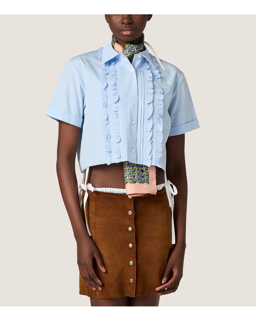 Miu Miu Blue Ruffled Short Sleeve Shirt