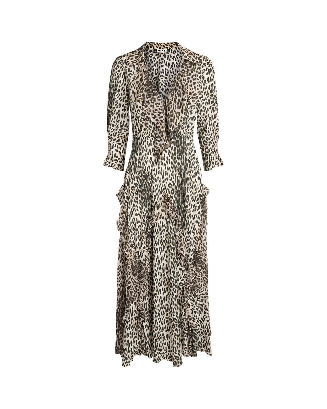 Rixo Gray Crepe Leopard Rosanna Midi Dress