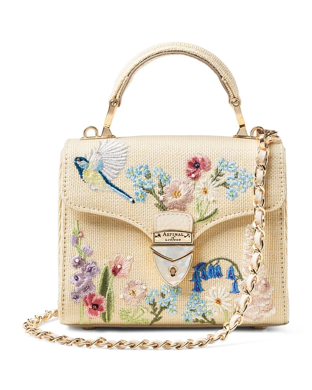 Aspinal Metallic Mini Raffia Floral Embroidery Mayfair Bag