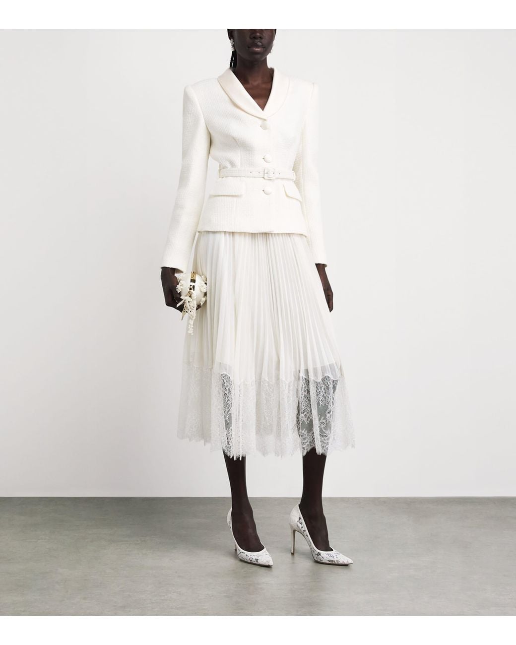Self-Portrait White Bouclé Midi Dress