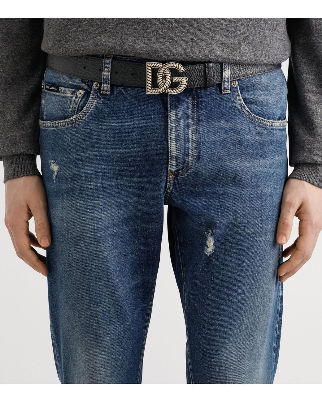 Dolce & Gabbana Gray Calfskin Logo Belt for men