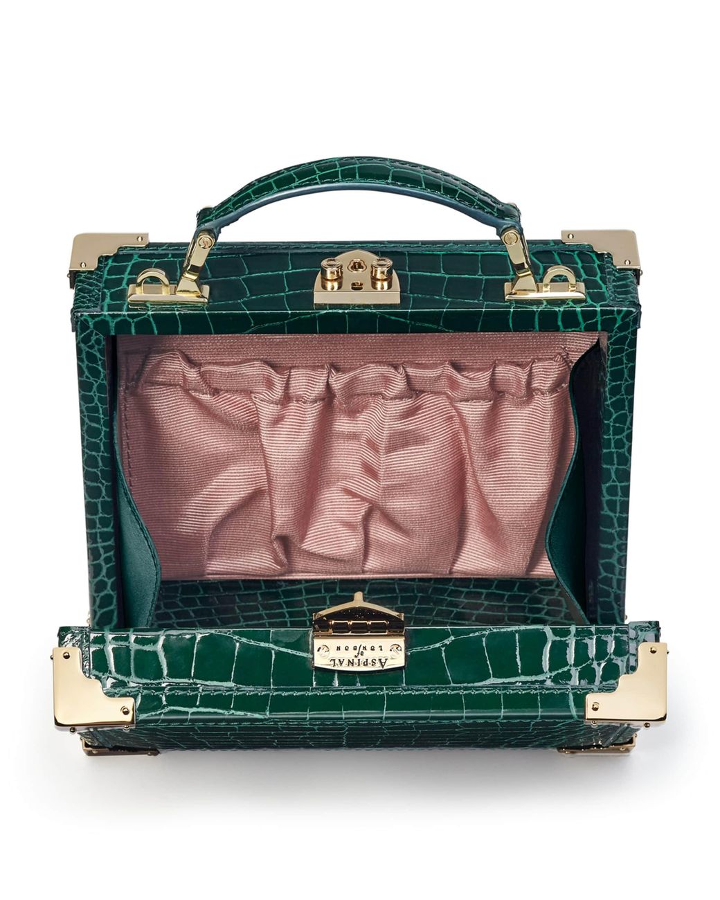Aspinal Green Mini Leather Trunk Clutch Bag
