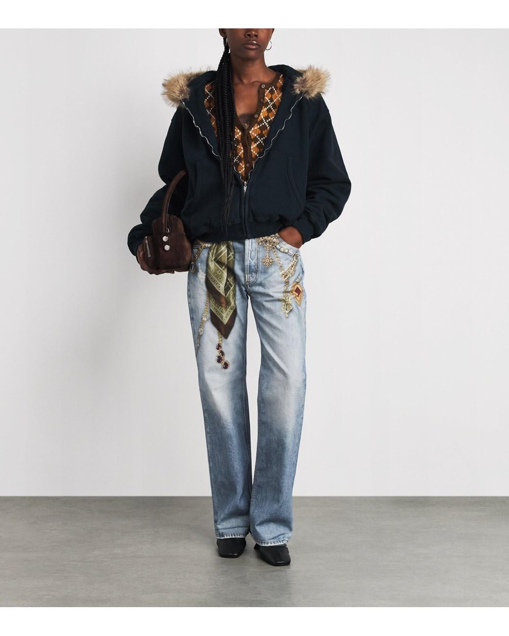 Acne Blue 1981 Printed-Jewellery Low-Rise Wide-Leg Jeans
