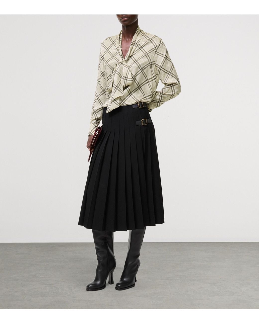Burberry Black Wool Pleated Kilt Midi Skirt
