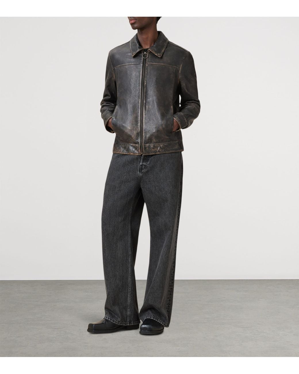 AllSaints Black Allsaints Alkan Collared Zip Up Two Tone Leather Jacket for men