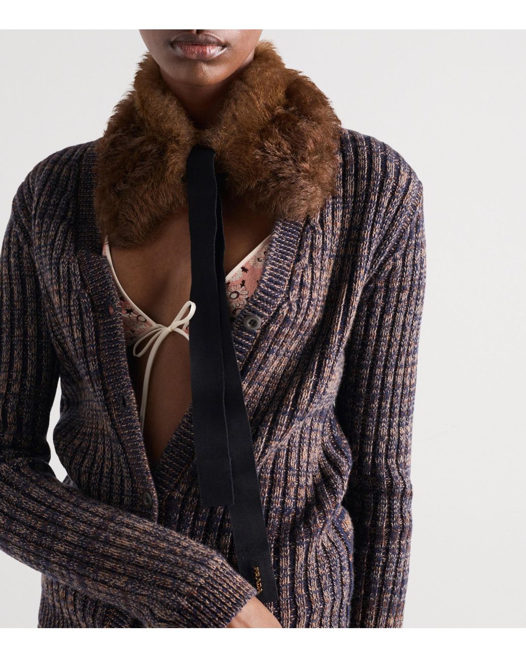 Prada Brown Shearling Logo Collar