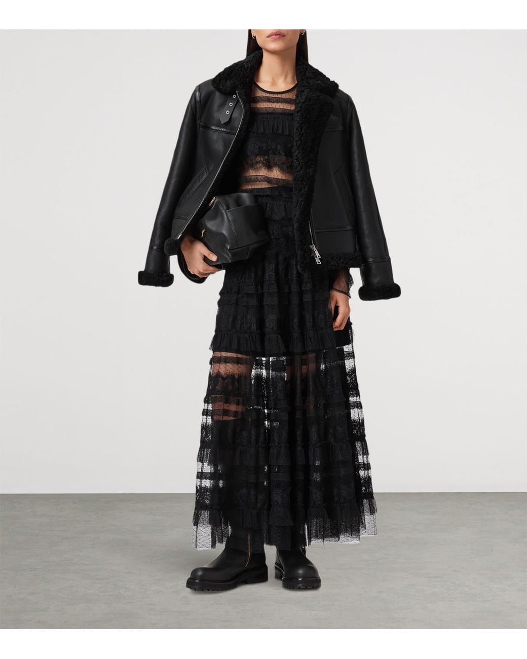 AllSaints Black Shearling Lorel Flying Jacket