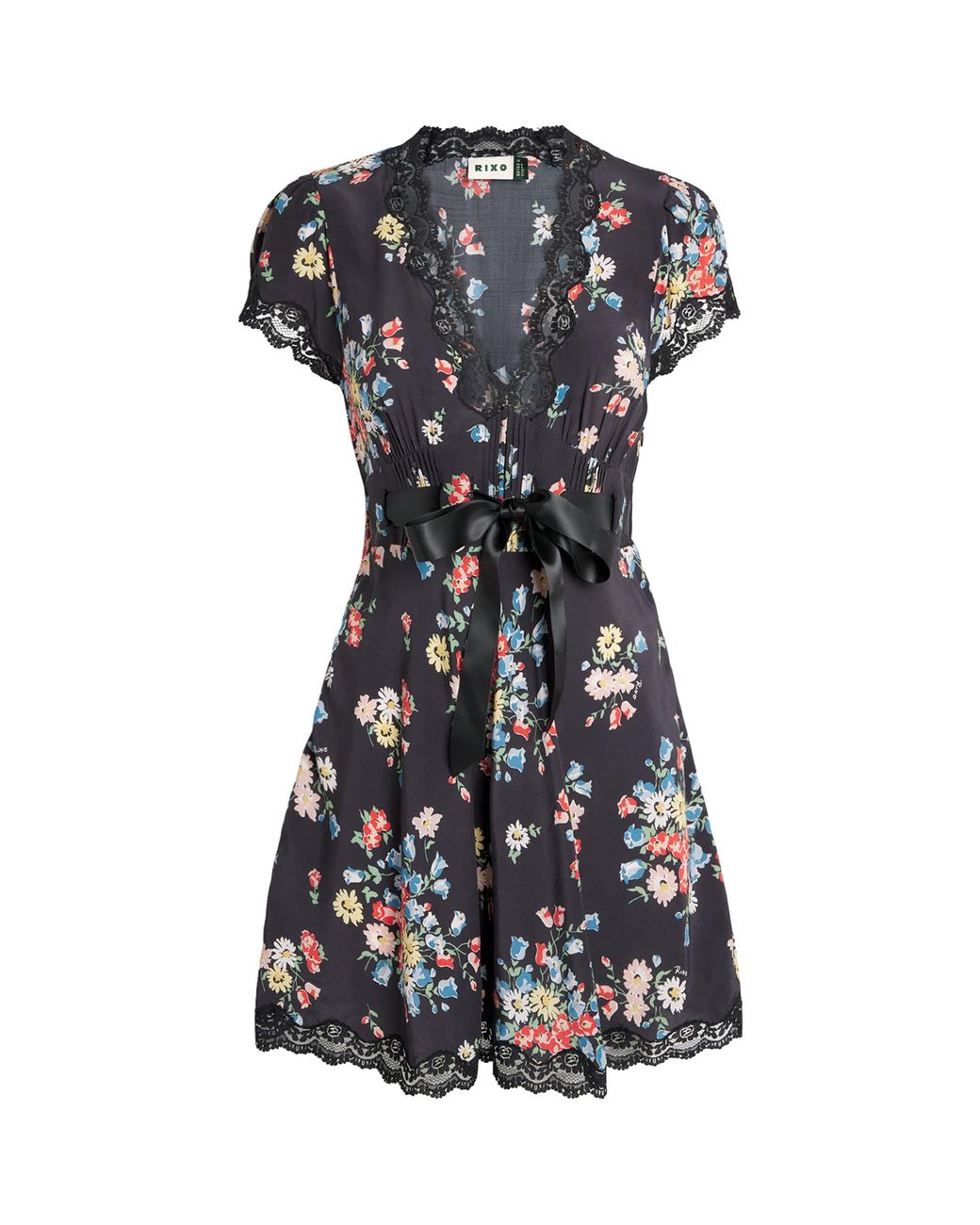 Rixo Black Lace Floral Corina Mini Dress