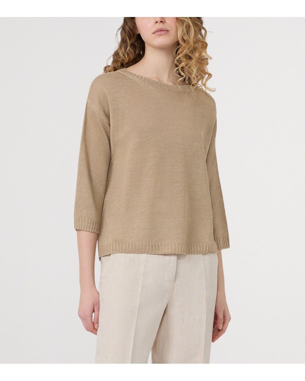 Weekend by Maxmara Natural Linen Cropped-Sleeve Sweater
