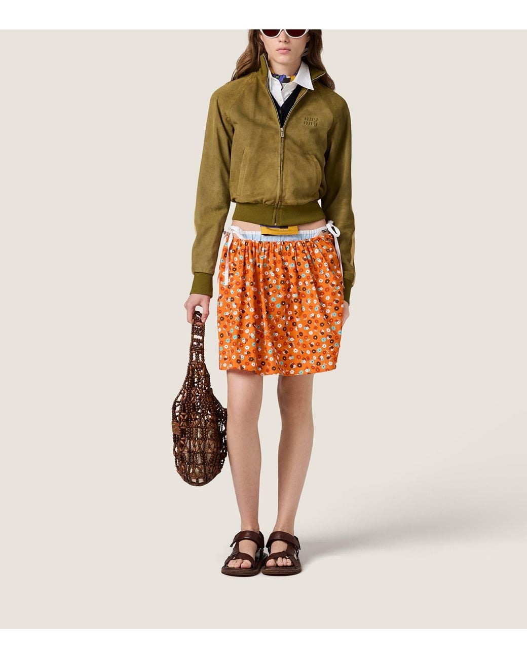 Miu Miu Orange Cotton Floral Mini Skirt