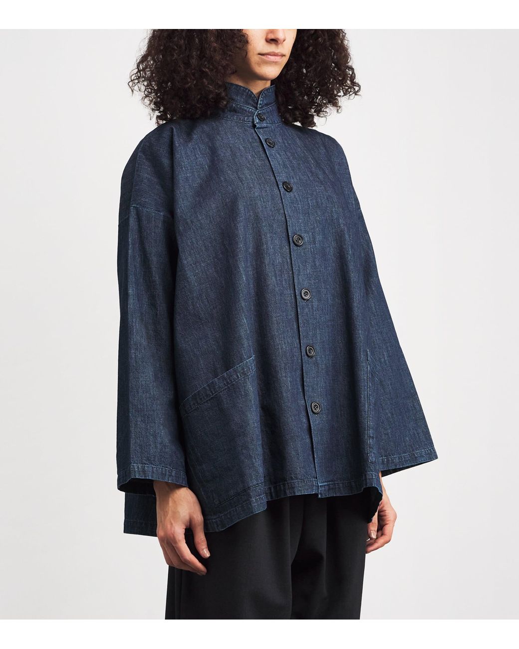 Eskandar Blue Denim Double Stand-Collar Shirt