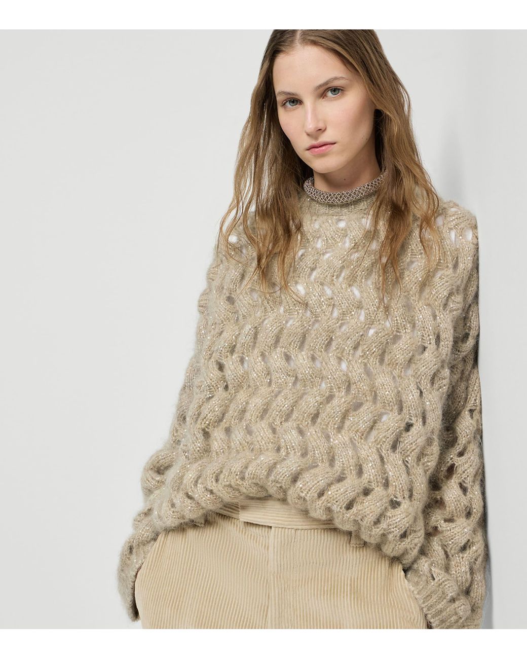 Brunello Cucinelli Natural Dazzling Cable-Knit Sweater