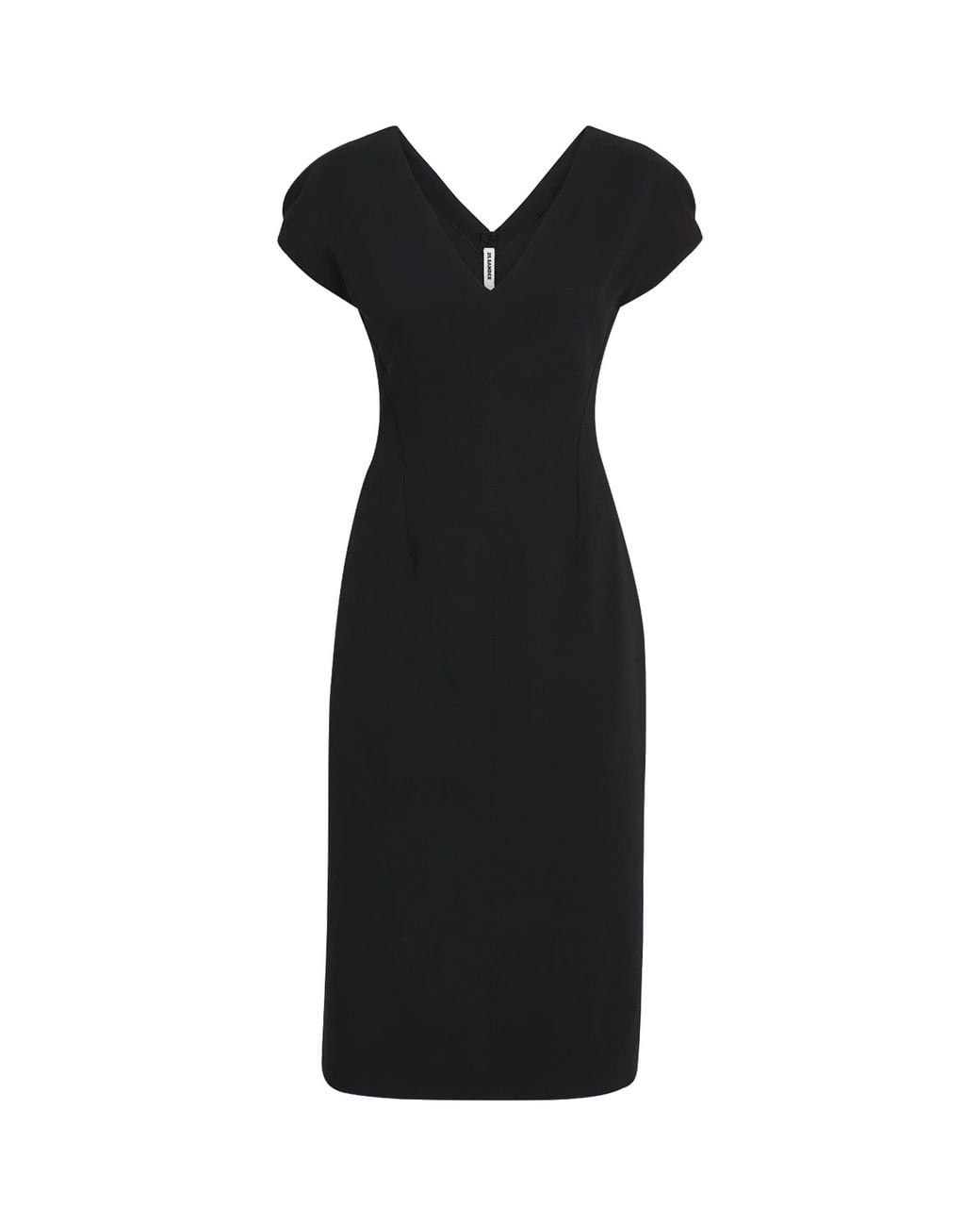 Jil Sander Black Wool Sablé V-Neck Midi Dress