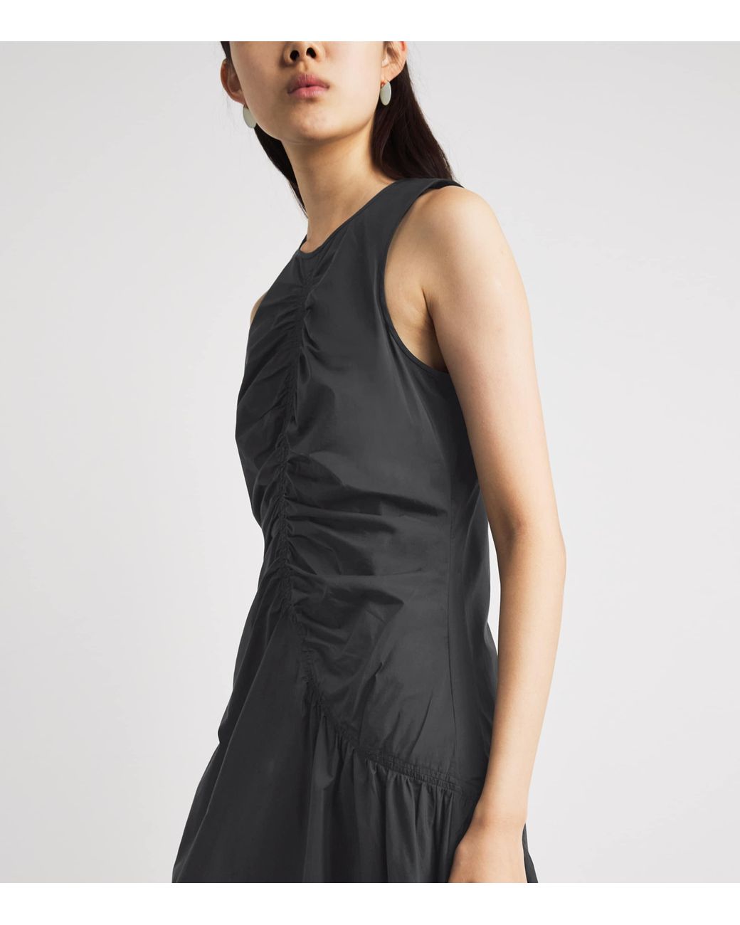 Theory Black Cotton Ruched Asymmetric Midi Dress