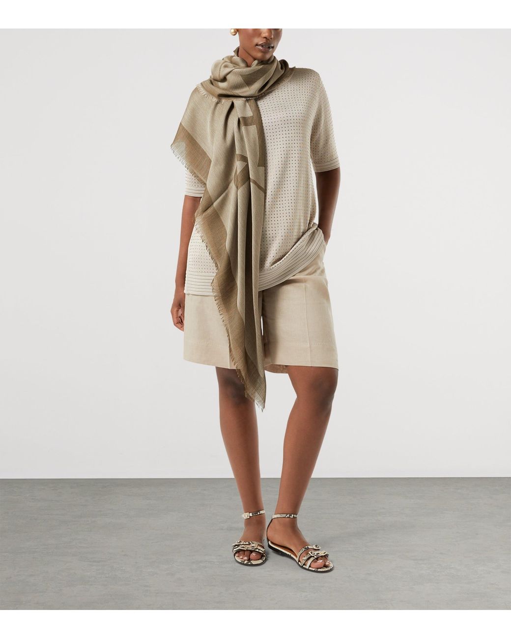 Marina Rinaldi Green Wool-Cashmere-Blend Monogram Scarf