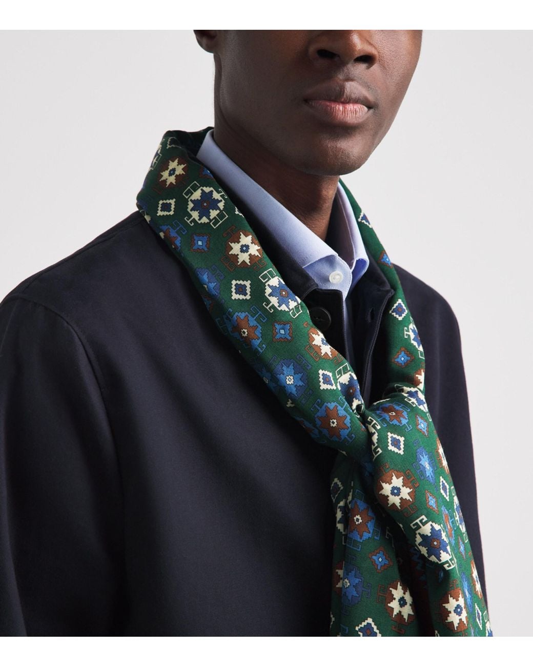 E.MARINELLA Green Wool-Silk Geometric Print Scarf for men