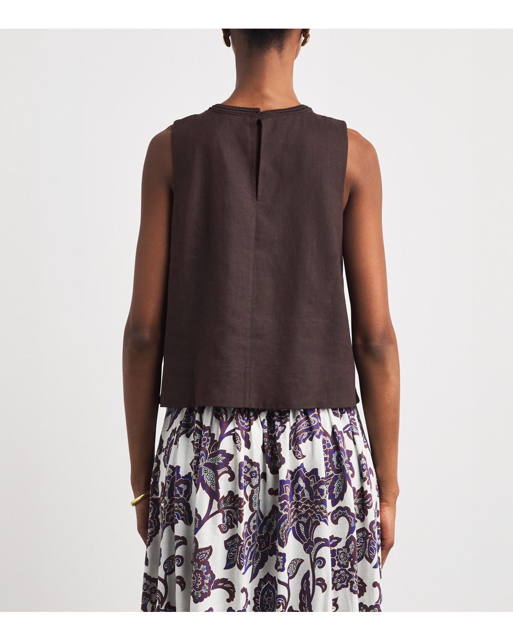 ME+EM Brown Linen-Blend Creaseless Crochet-Trim Top