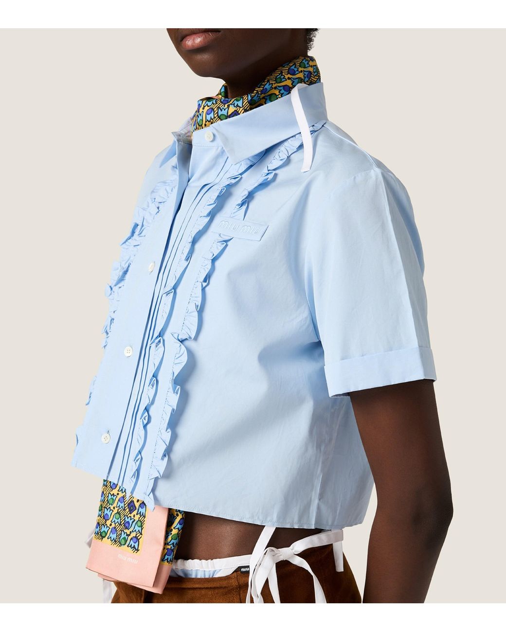 Miu Miu Blue Ruffled Short Sleeve Shirt