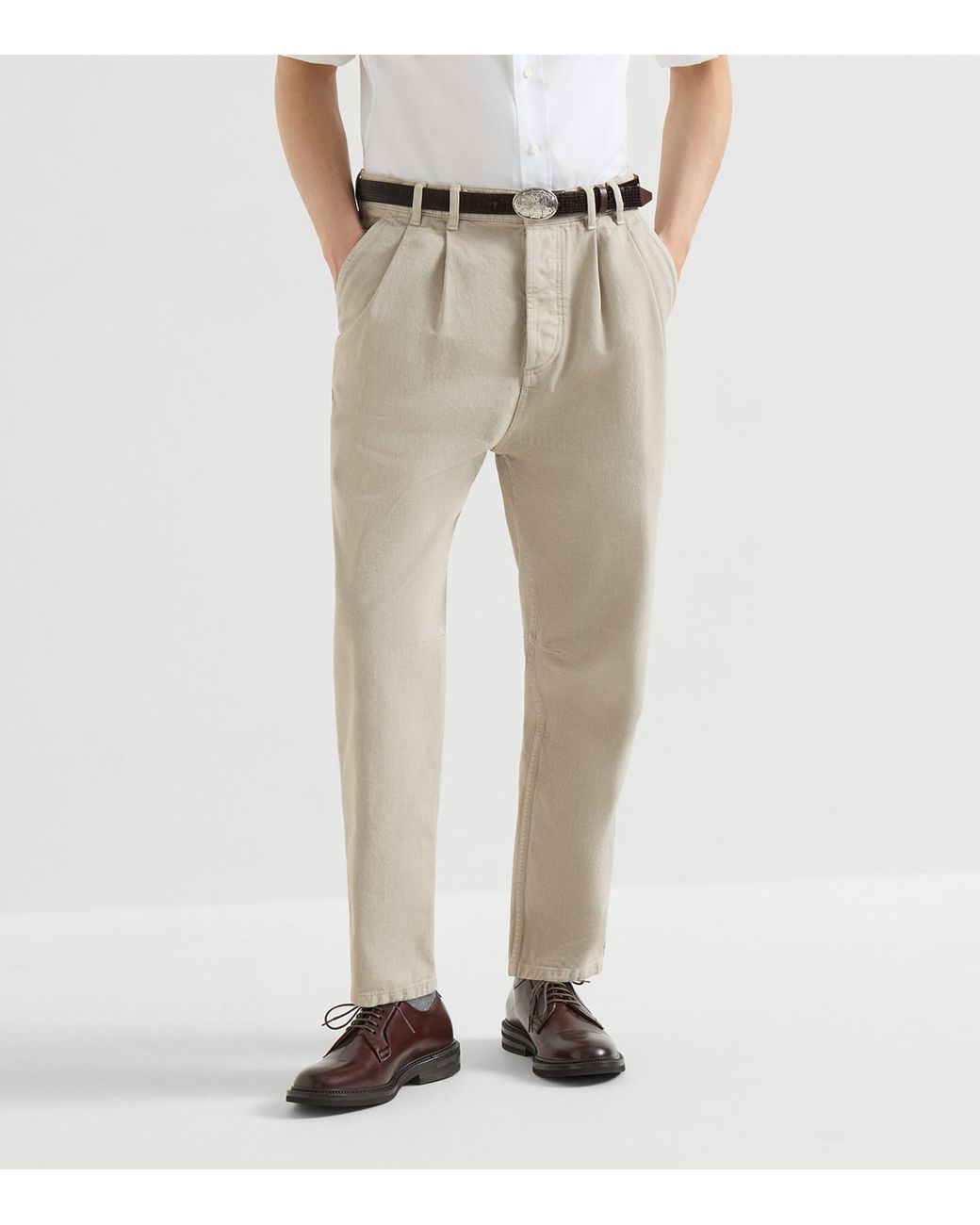 Brunello Cucinelli Natural Cotton Denim Pleated Trousers